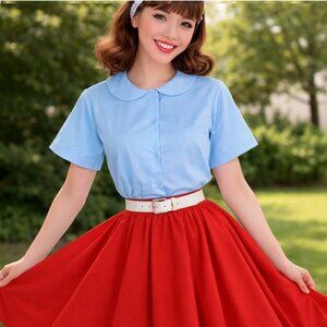 Blue Peter Pan Collar Short Sleeve Blouse Button Up Poly Cotton Adult Sze Medium